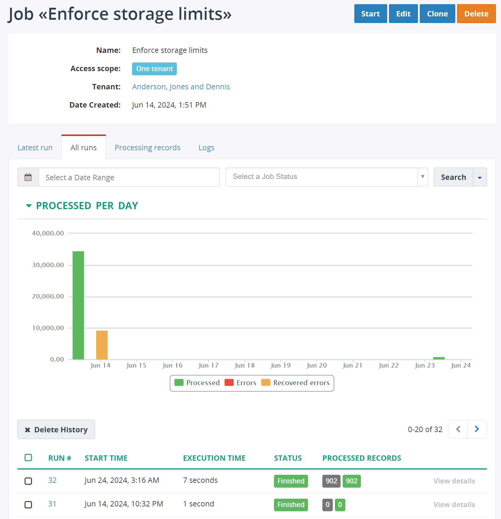 Storage limits enforcement job