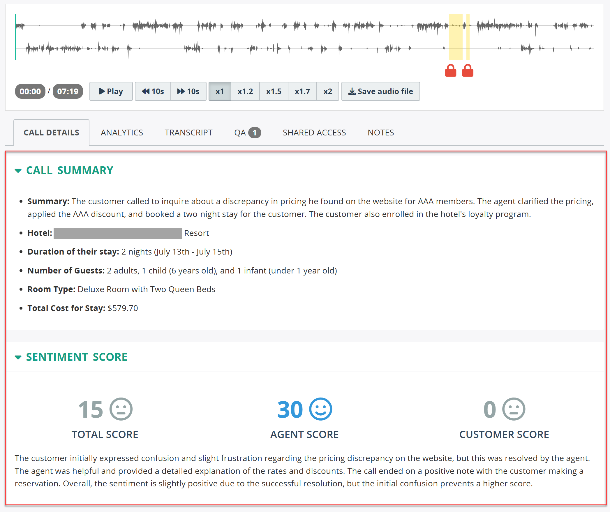Call Summary and Sentiment Score in Call Details tab