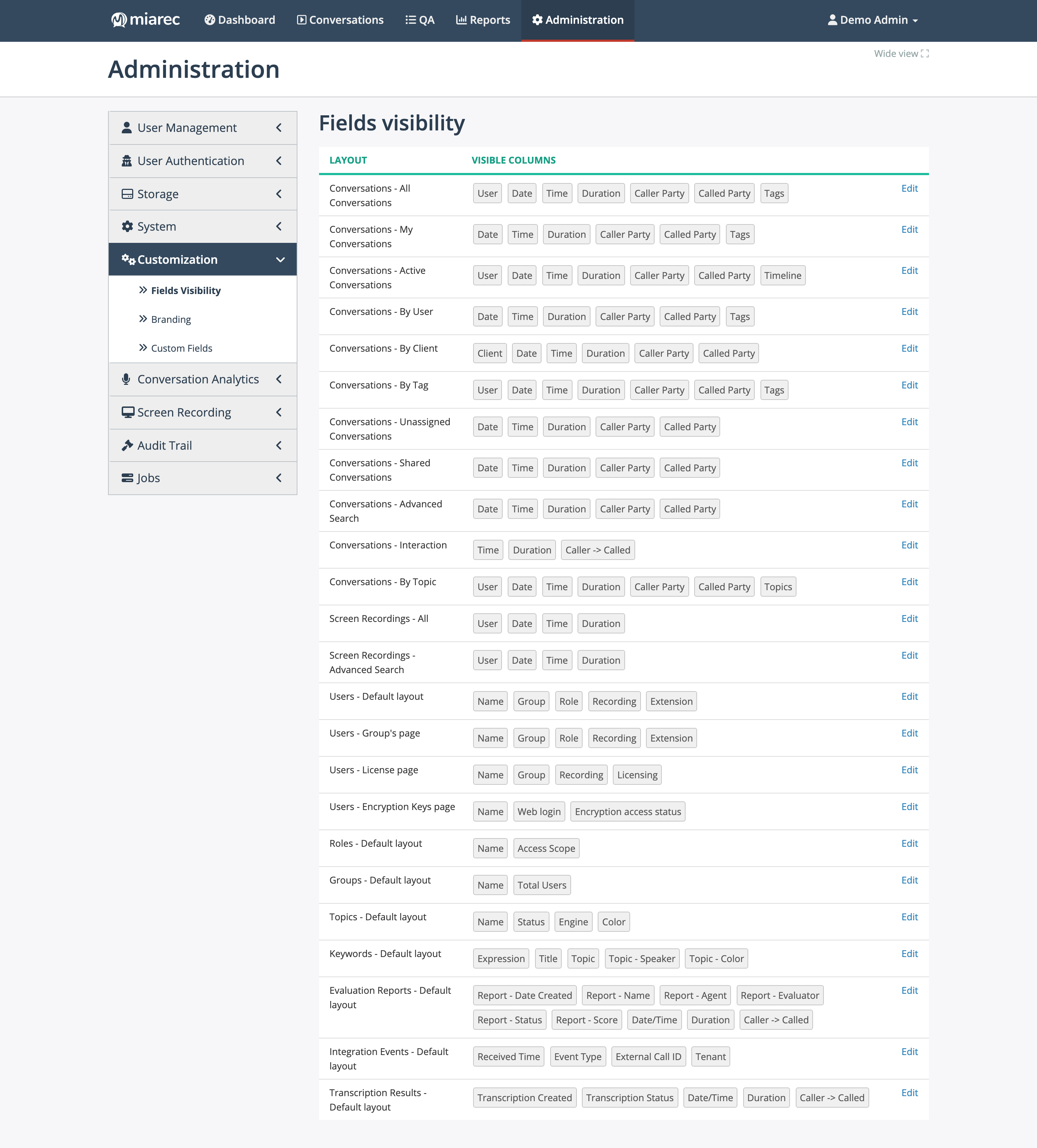 The Fields visibility page