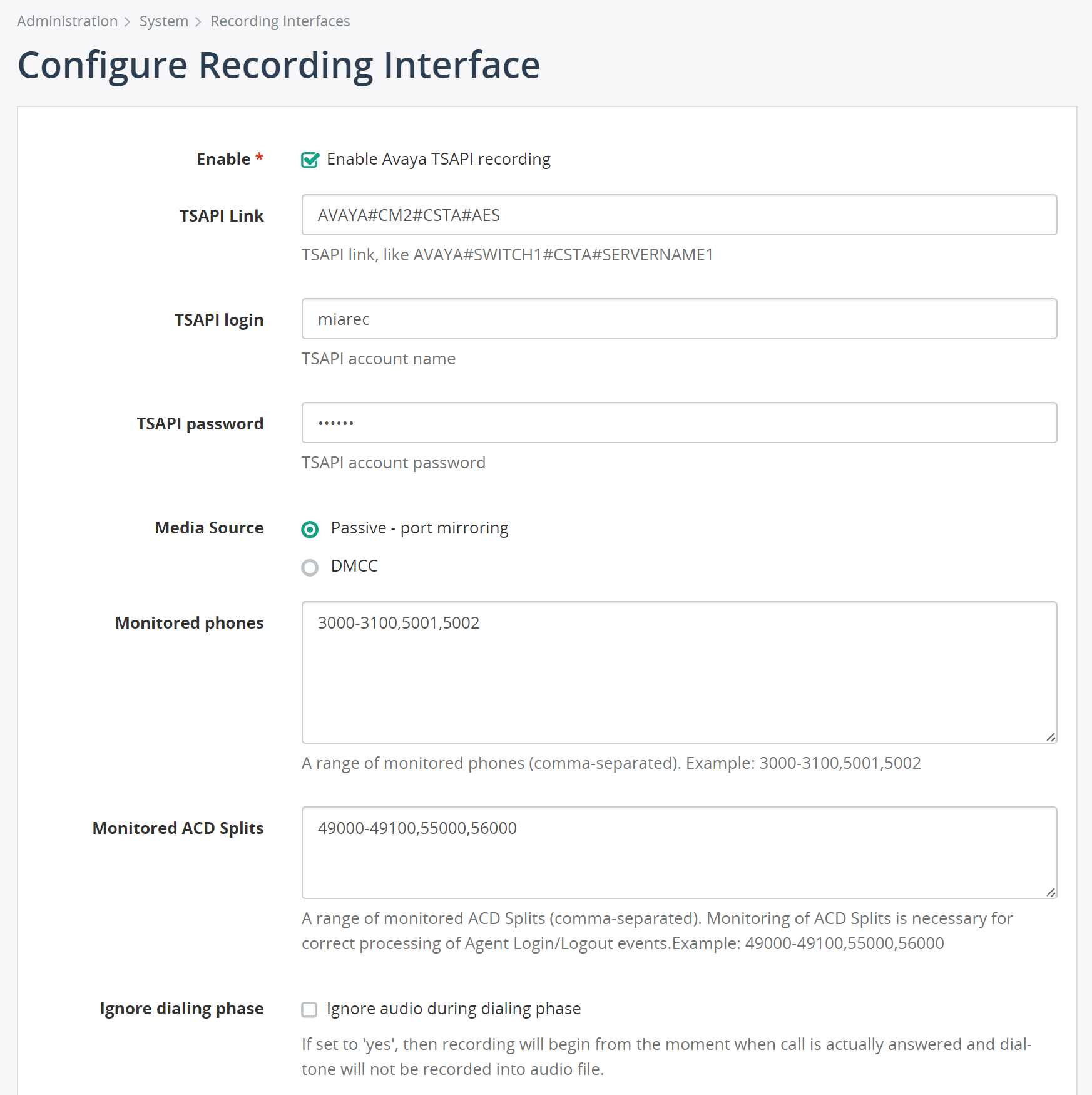 Configure Recording Interface (Avaya TSAPI)