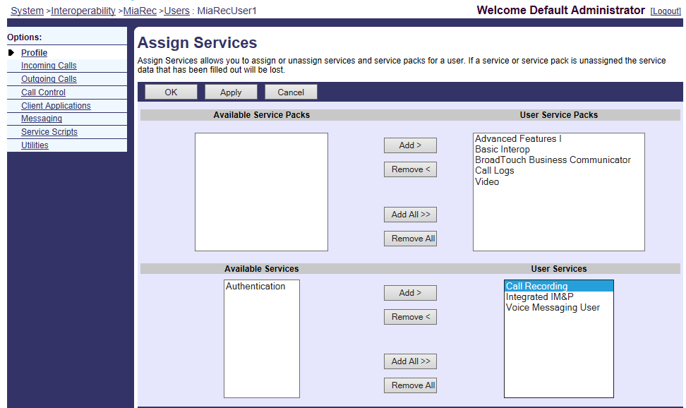 Assign Call Recording User Service to User