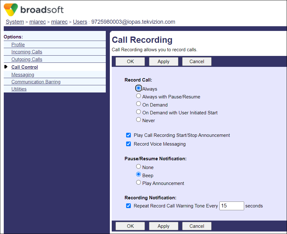 Configure User Call Recording Service