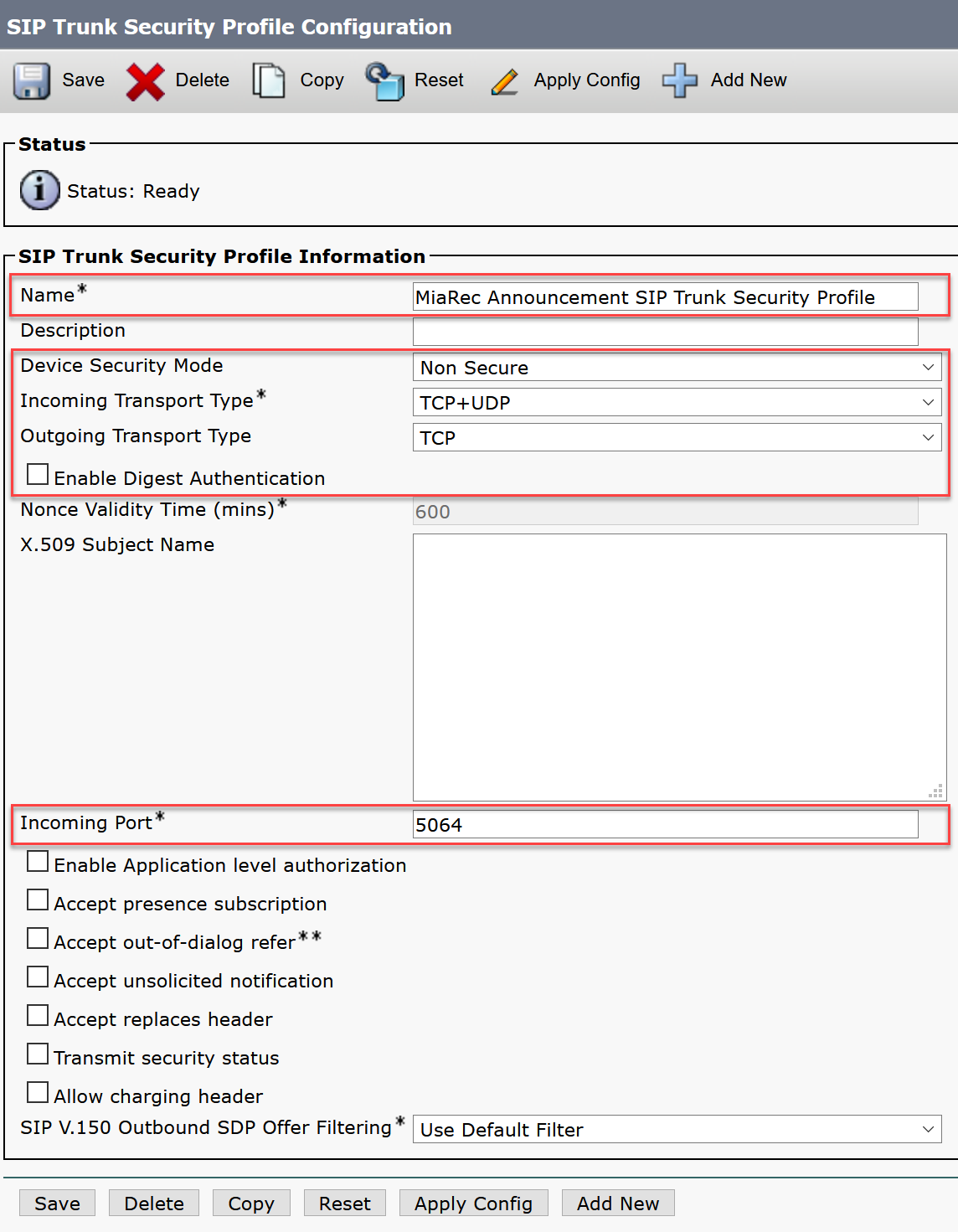 SIP Trunk Security Profile