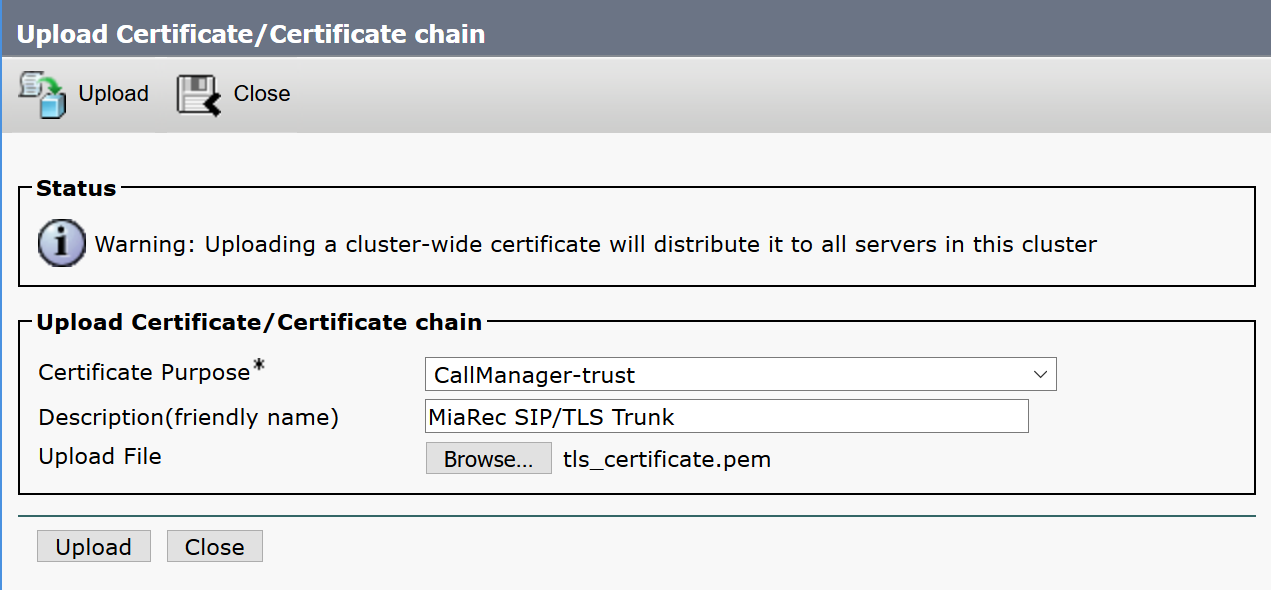 Import MiaRec SSL certificate into Cisco UCM