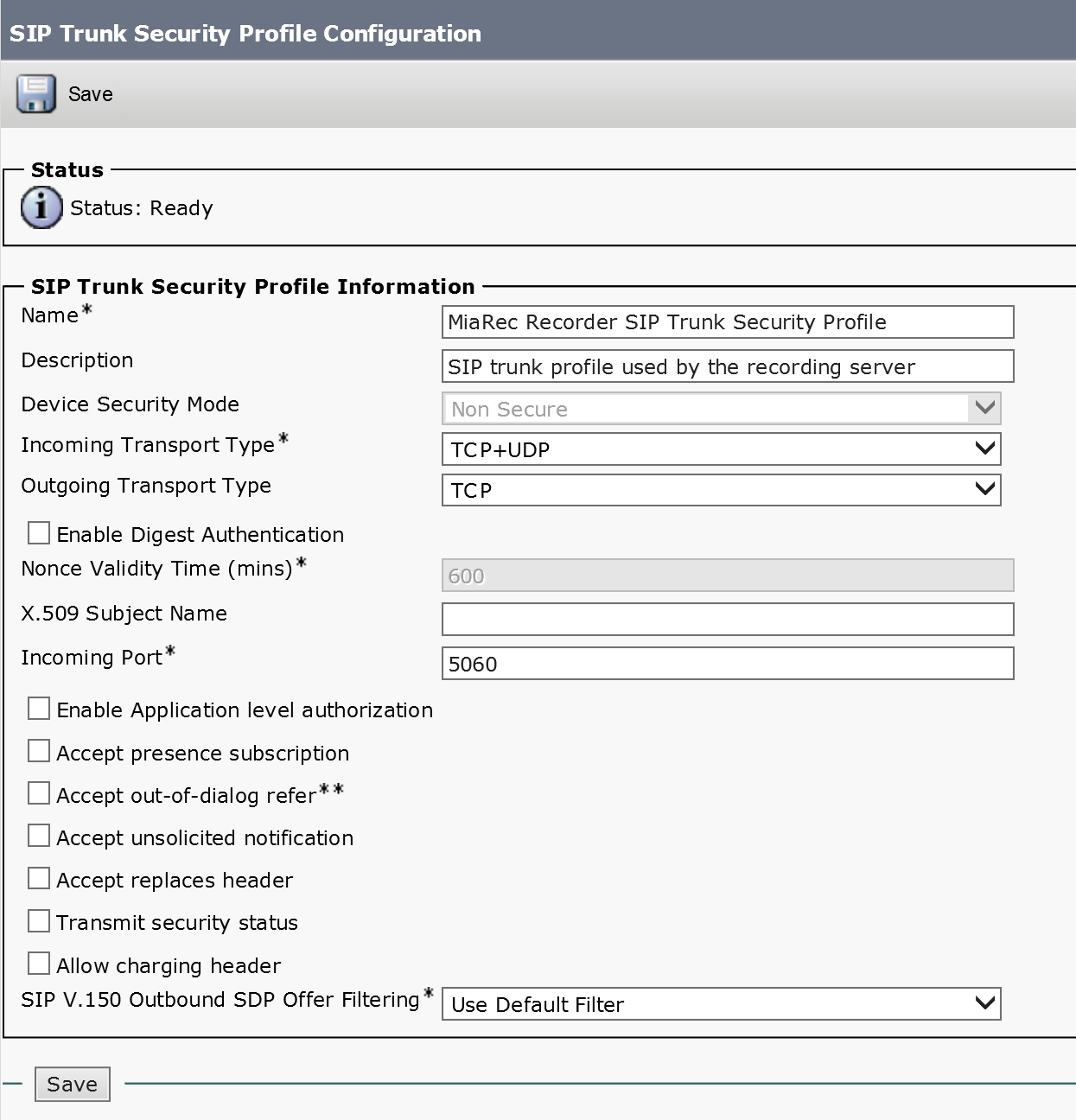 SIP Trunk Security Profile Configuraiton