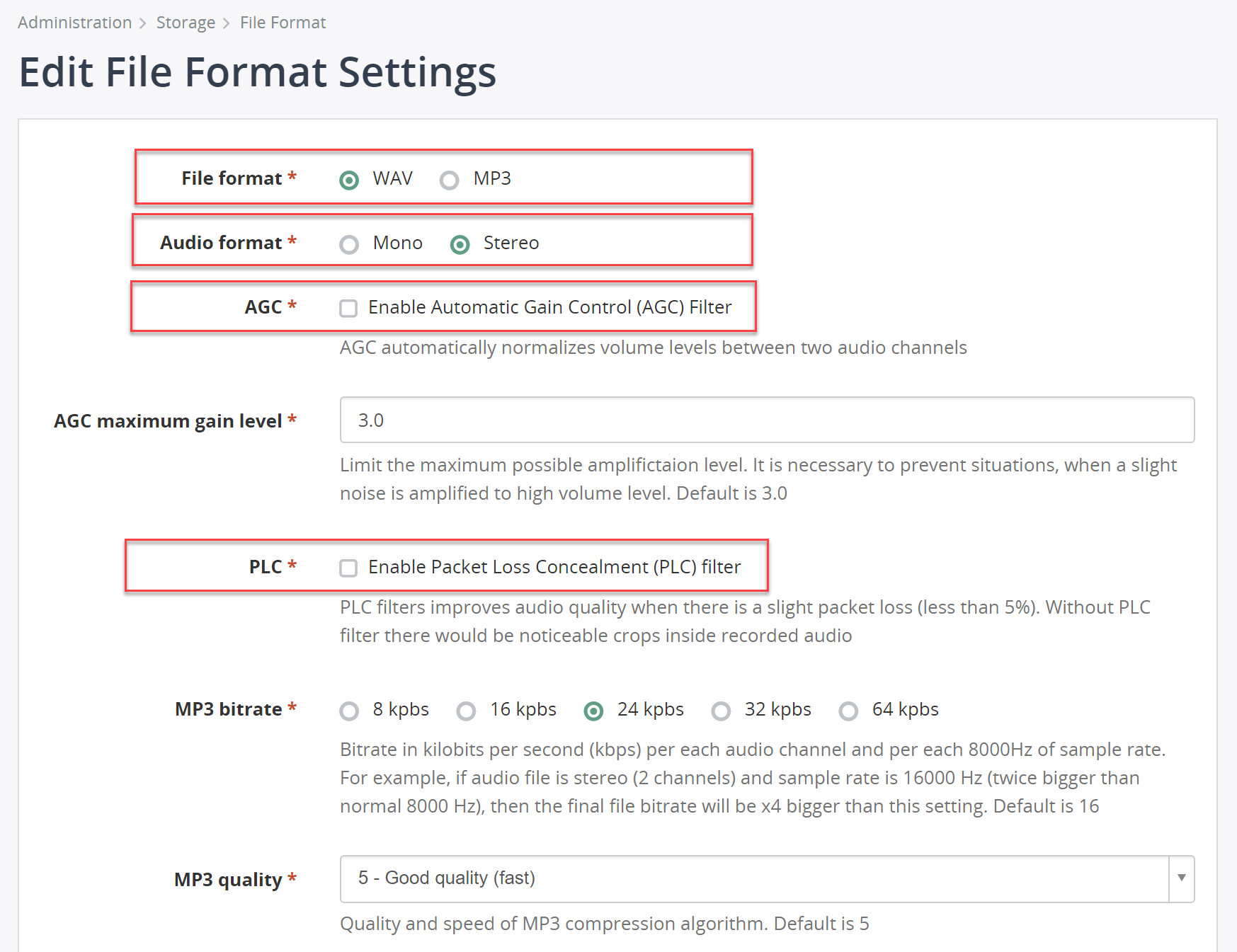 Configure audio file format