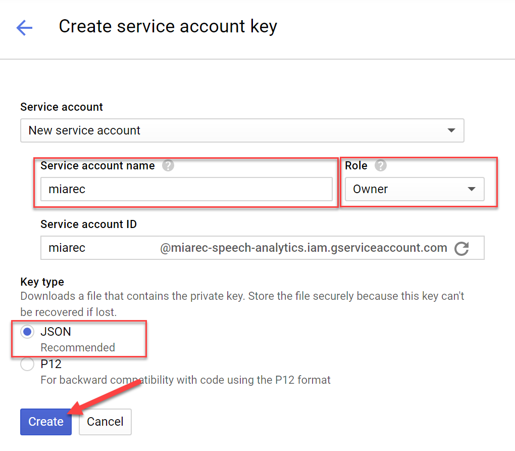 Create service account key