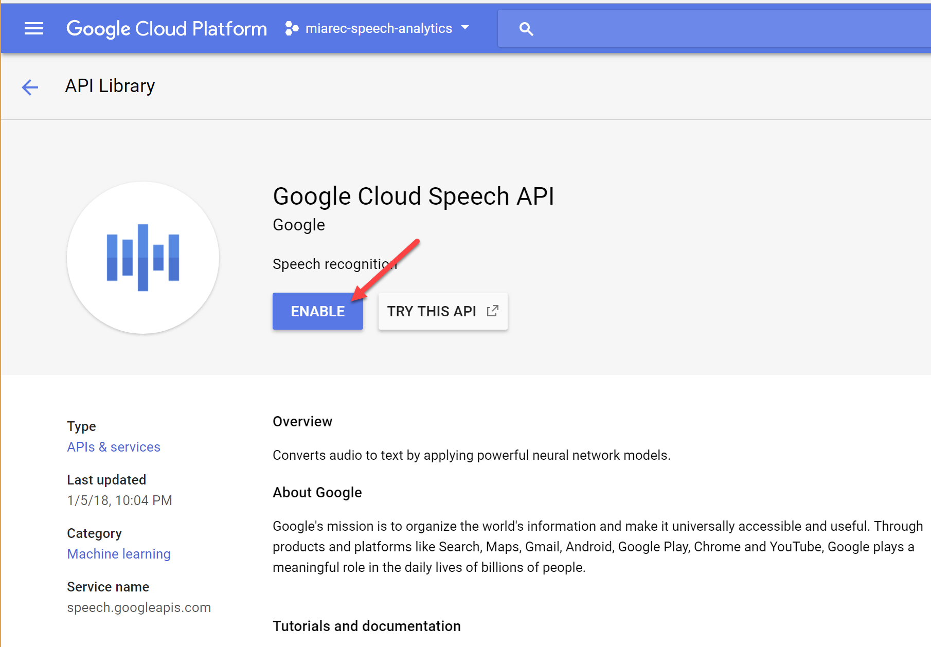 Enable Google Cloud Speech API