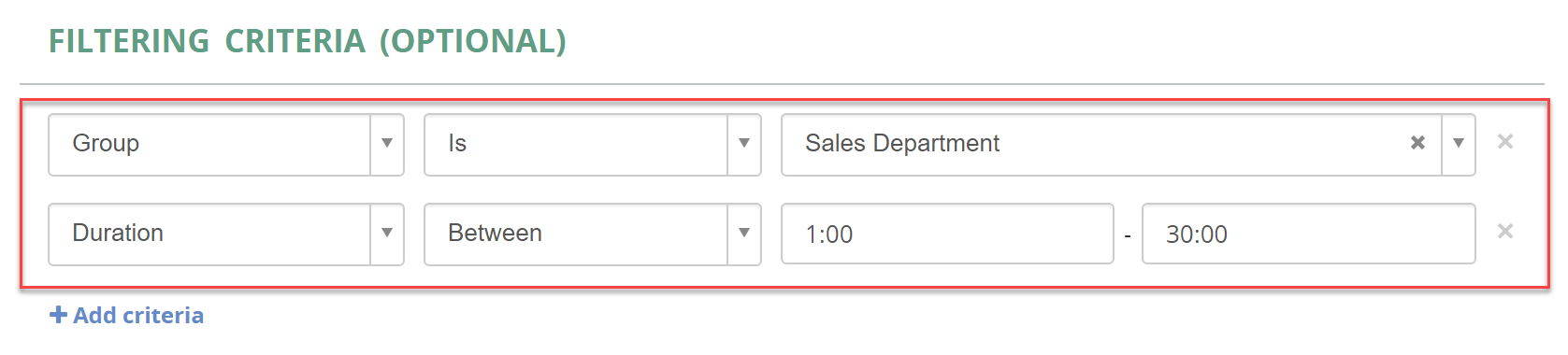 Filtering criteria