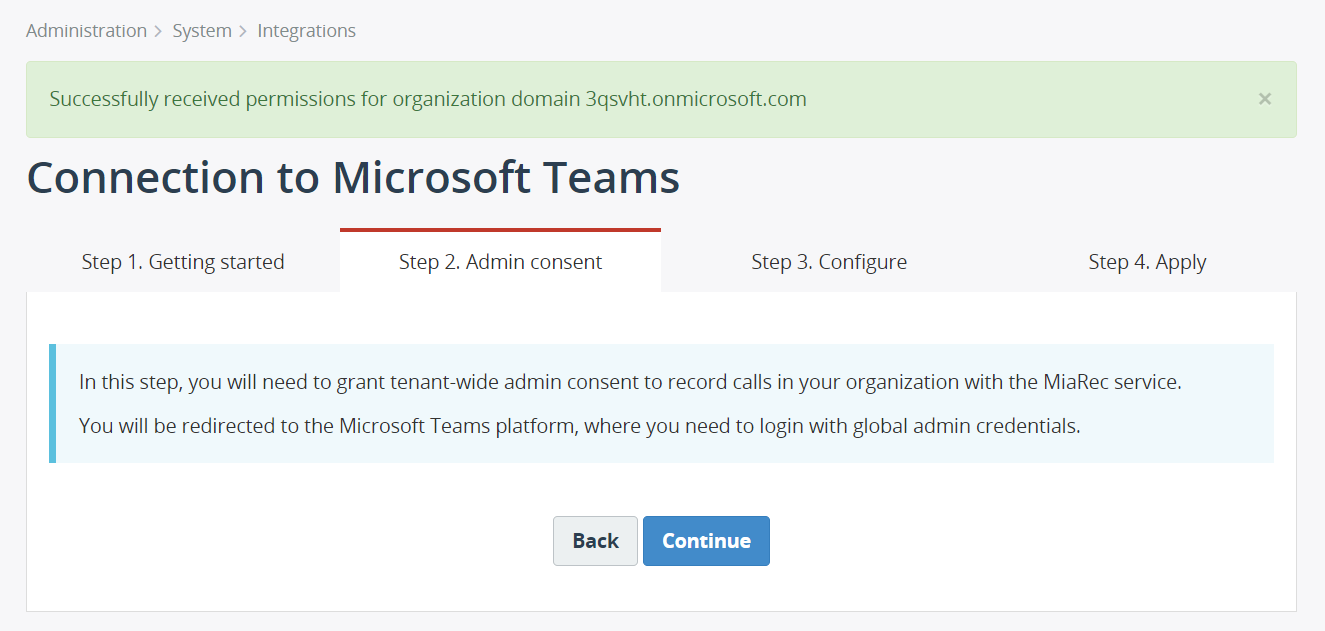 MiaRec add Microsoft Teams integration - Admin consent
