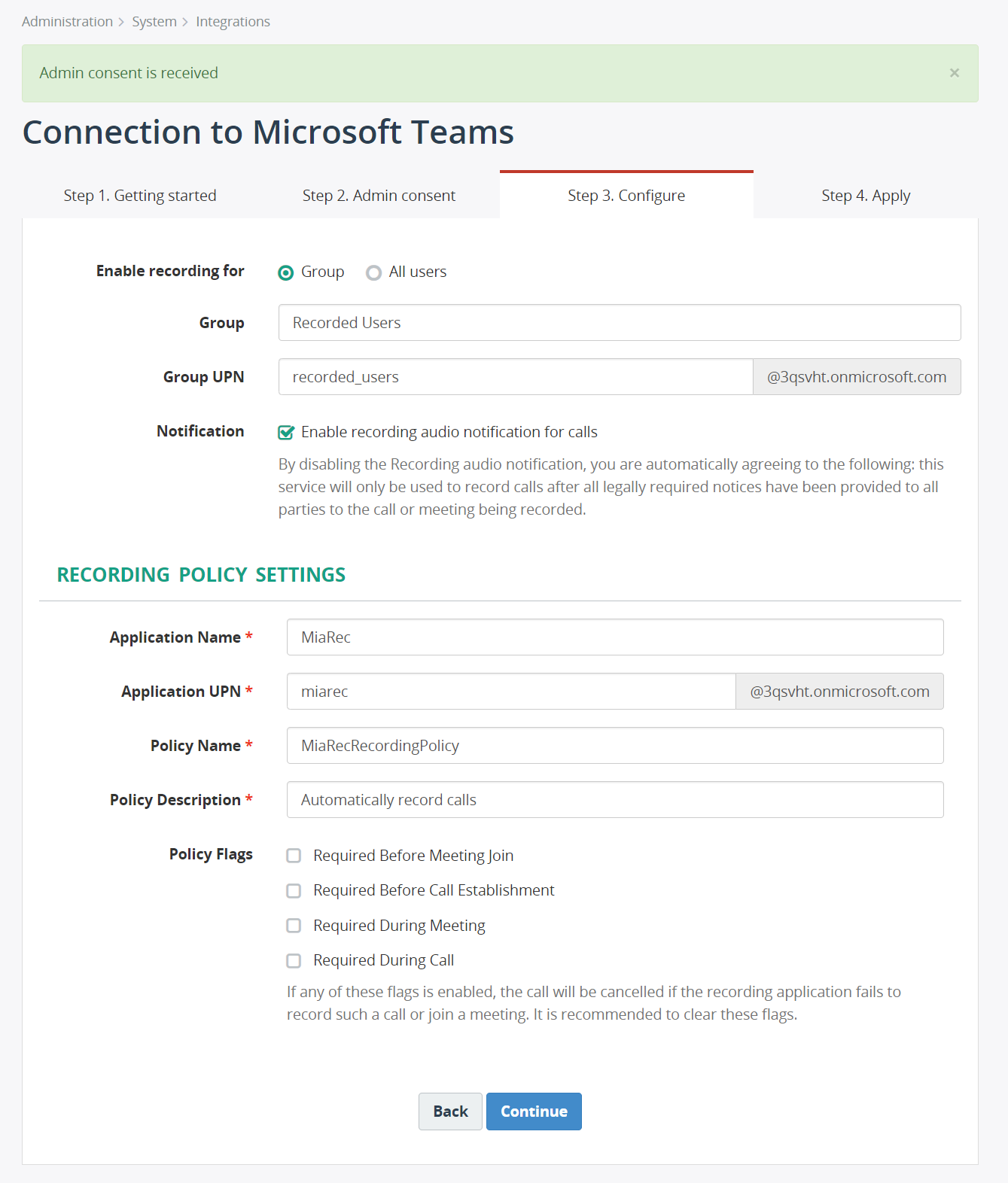 MiaRec add Microsoft Teams integration - Configure