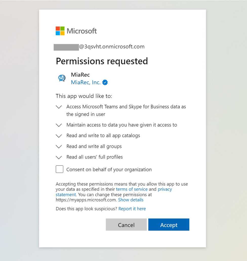 MiaRec add Microsoft Teams integration - Grant permissions