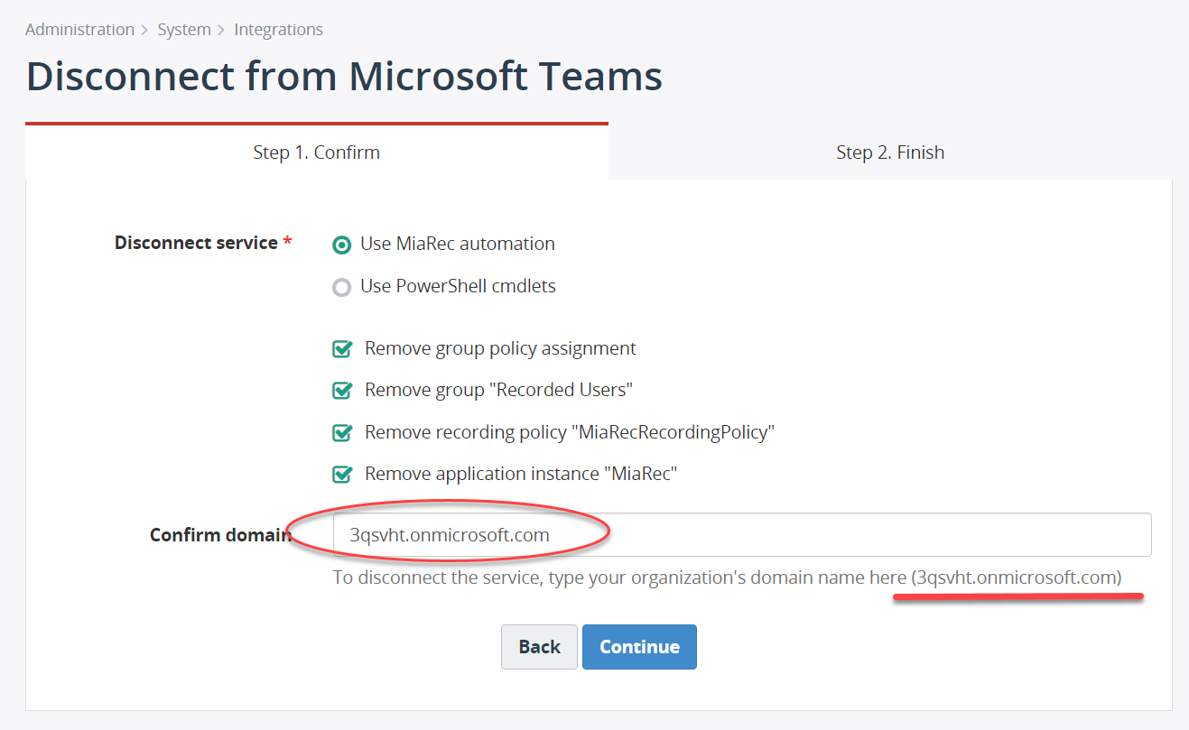 MiaRec - Delete Microsoft Teams integration