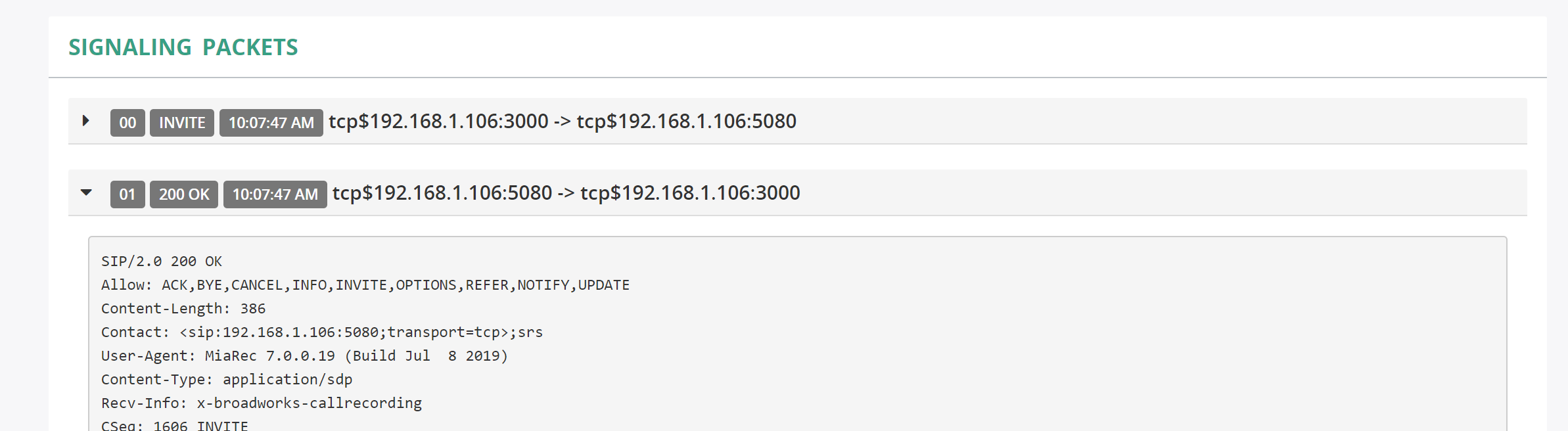 Store the processed SIP signaling packets