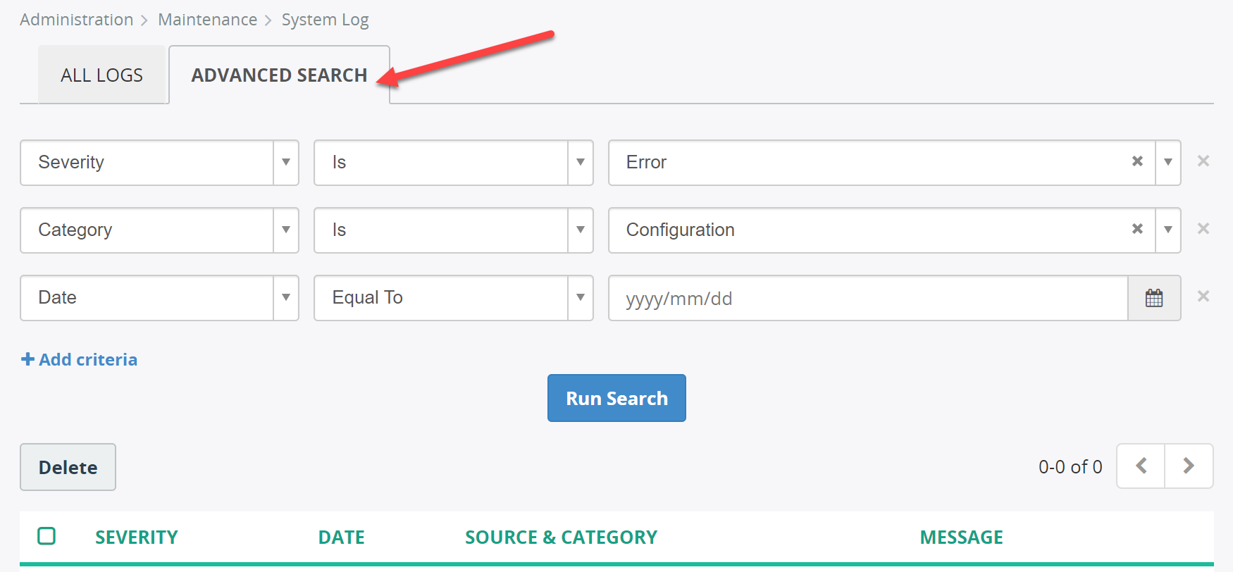 Advanced searching capability to System Log