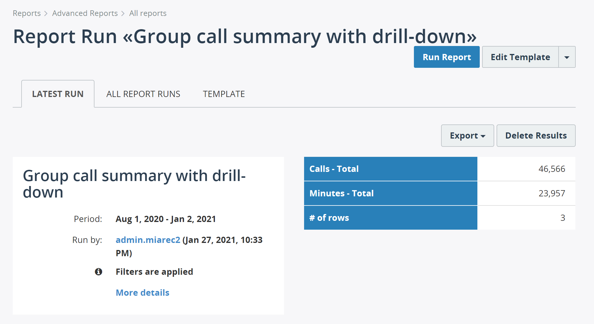 Group call summary with drill-down