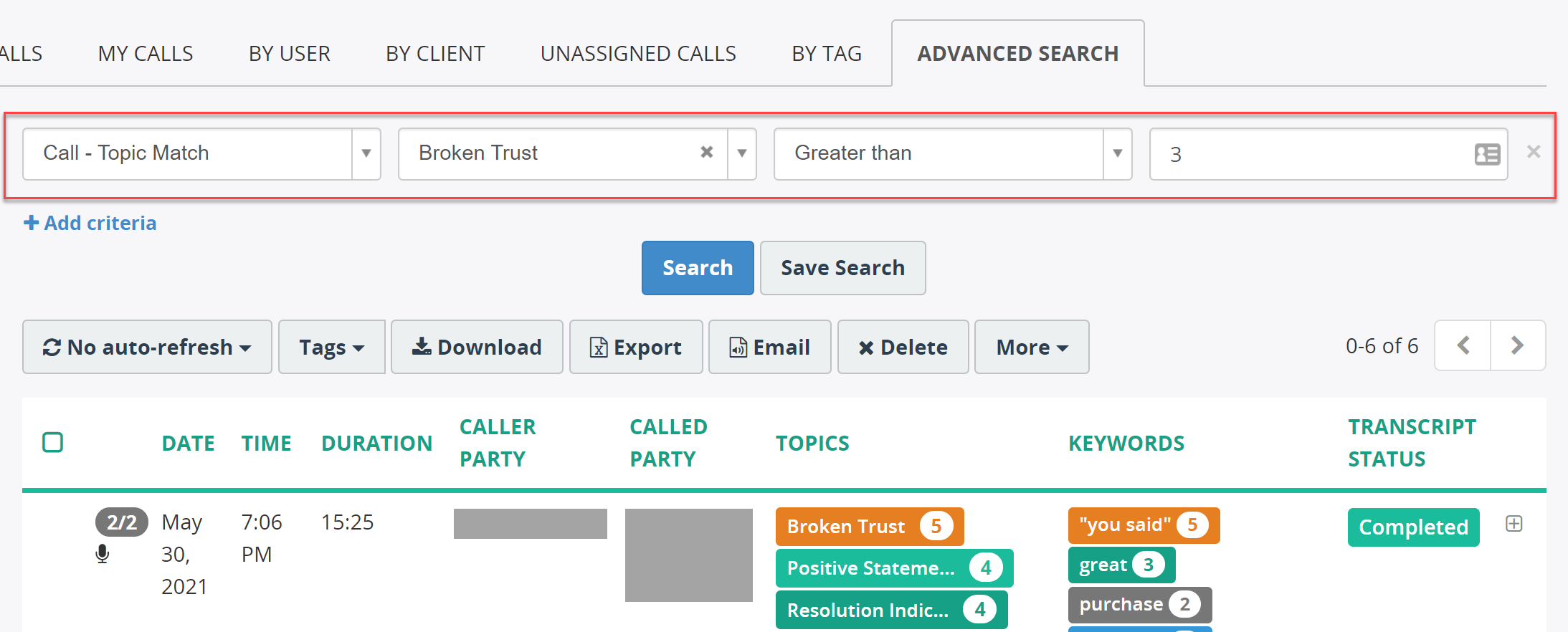 Add ability to search call recordings by a number of matches in a topic