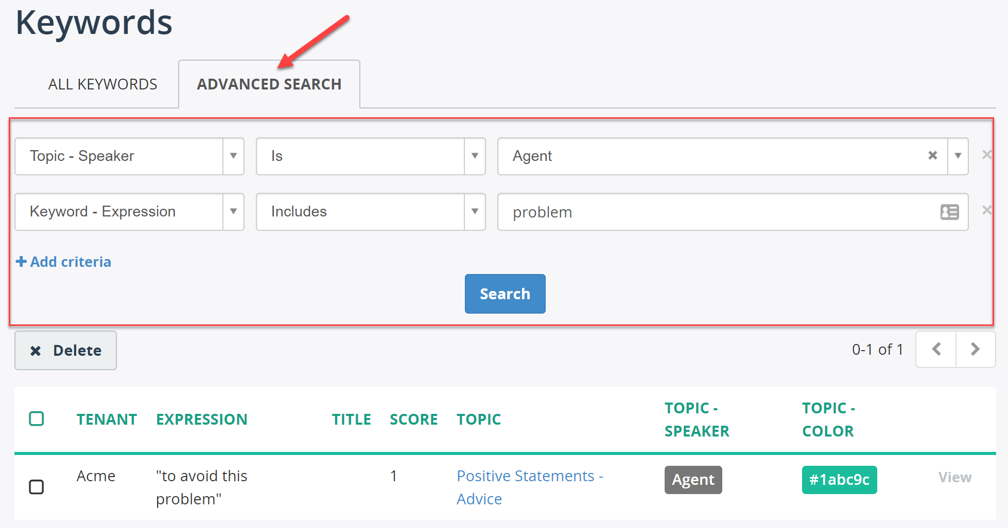 Add ability to search keywords using advanced search criteria