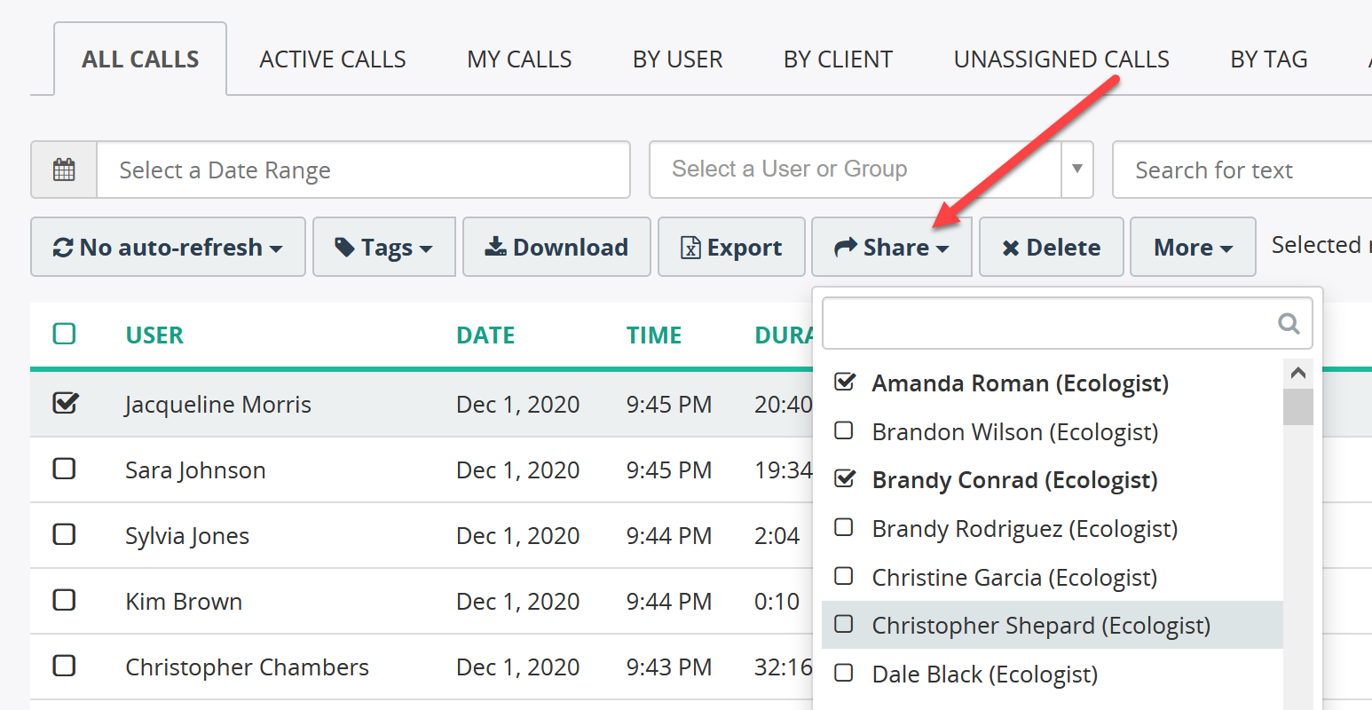 Add ability to share call recordings with other users