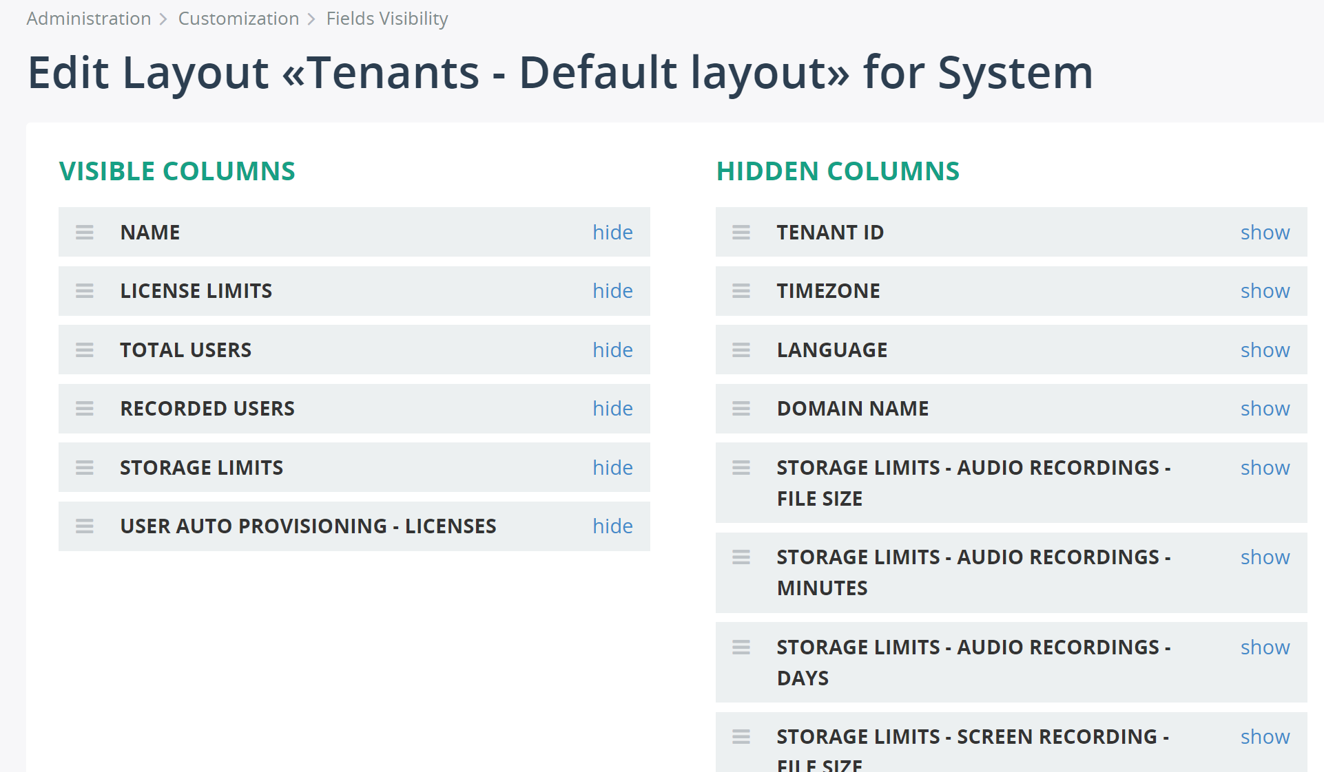 Extend Field Visibility configuration for Tenants page with more attributes