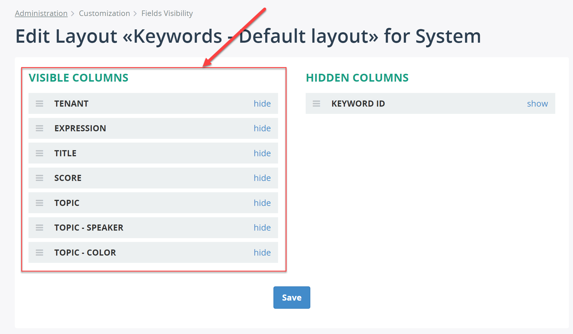 Add configuration of Field Visibility for Keywords page