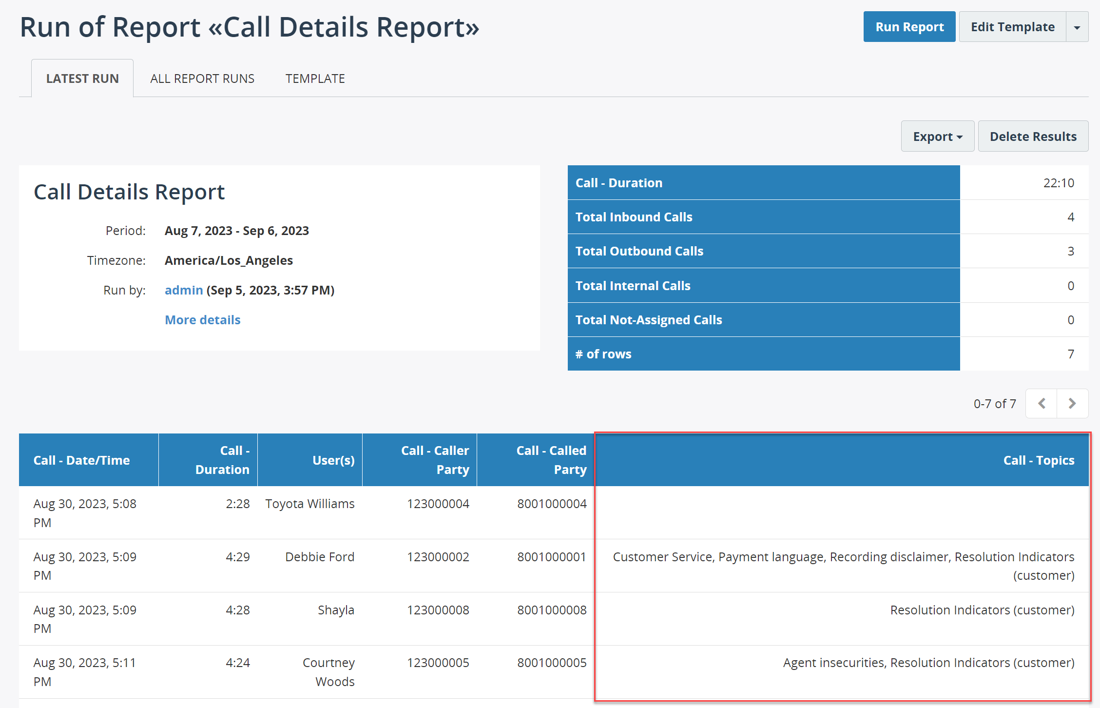 Call Details report with Topics, no counters