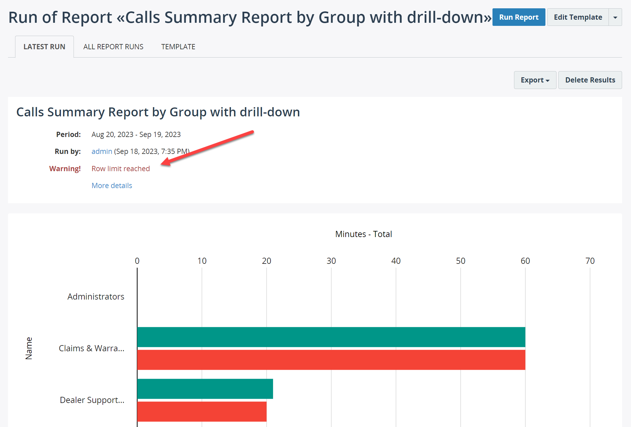 Call Summary with Drill-Down Row Limit Reached