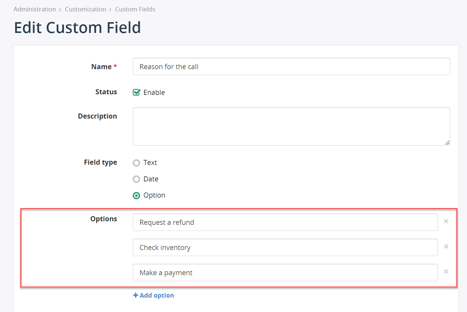 Custom field options