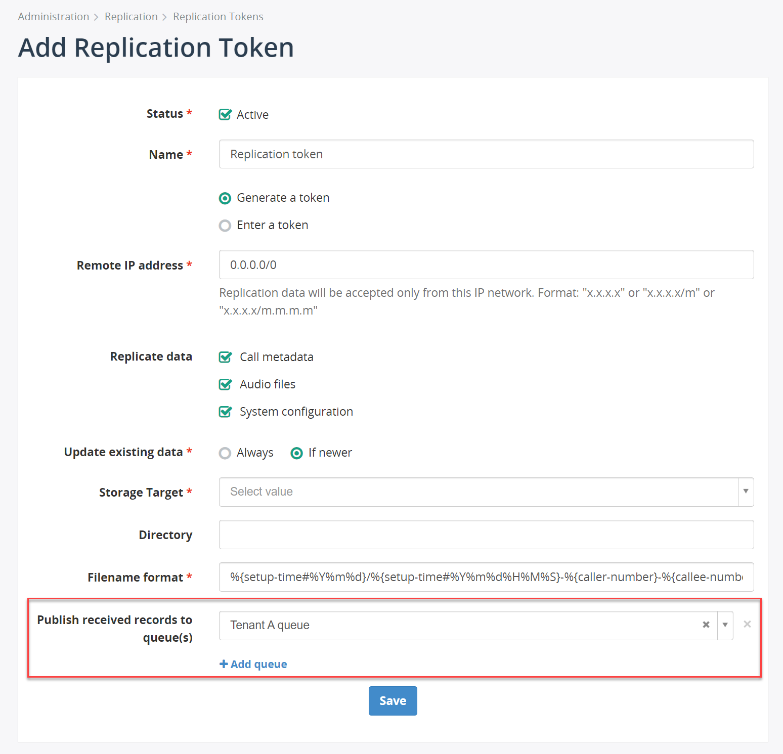 Replication token publish records