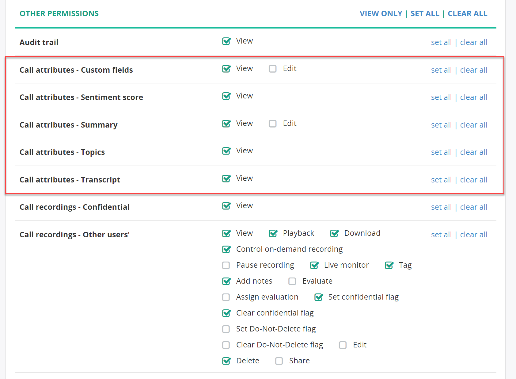 Role permissions - Call attributes