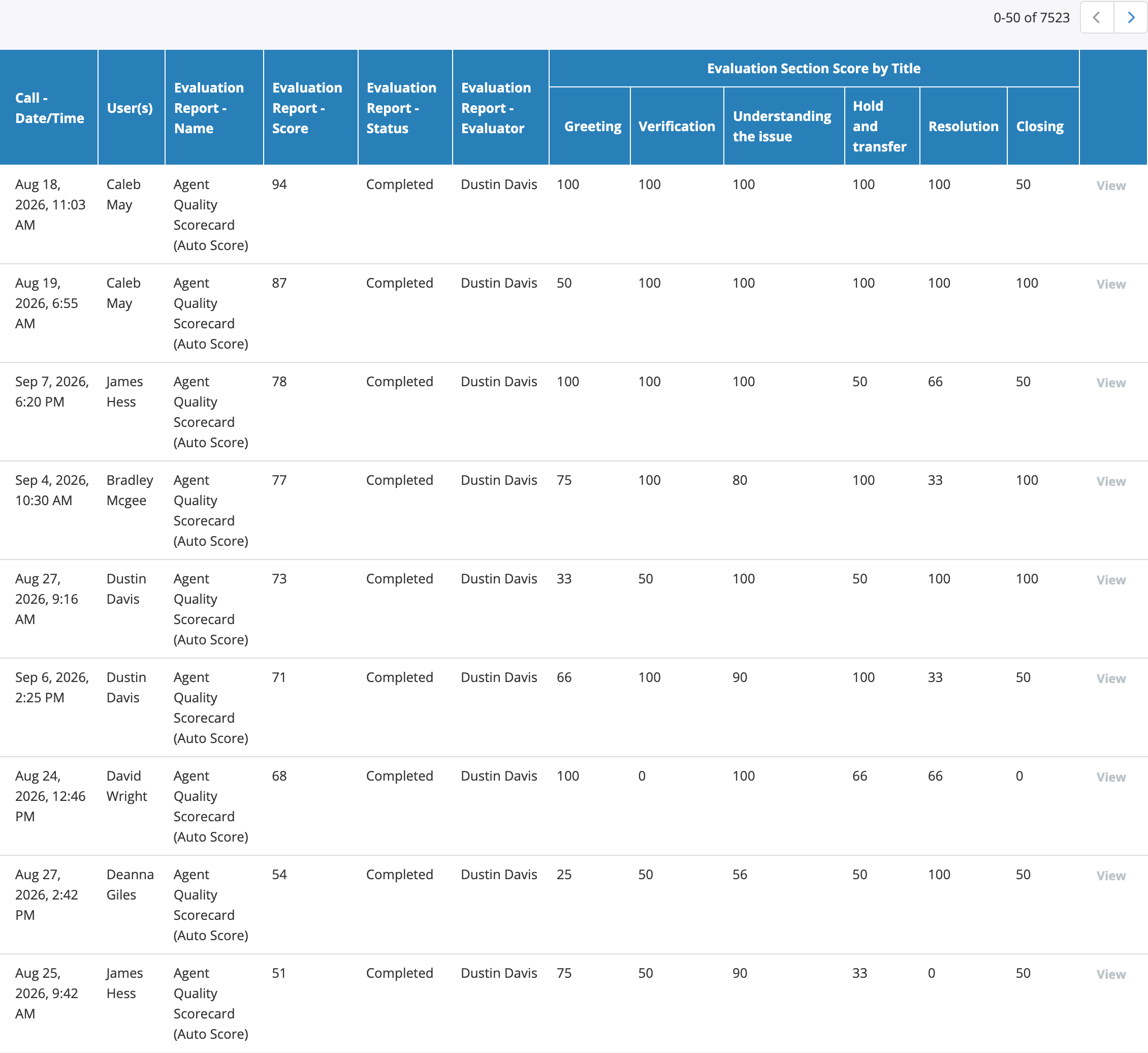 A Call Details report with a score column per section