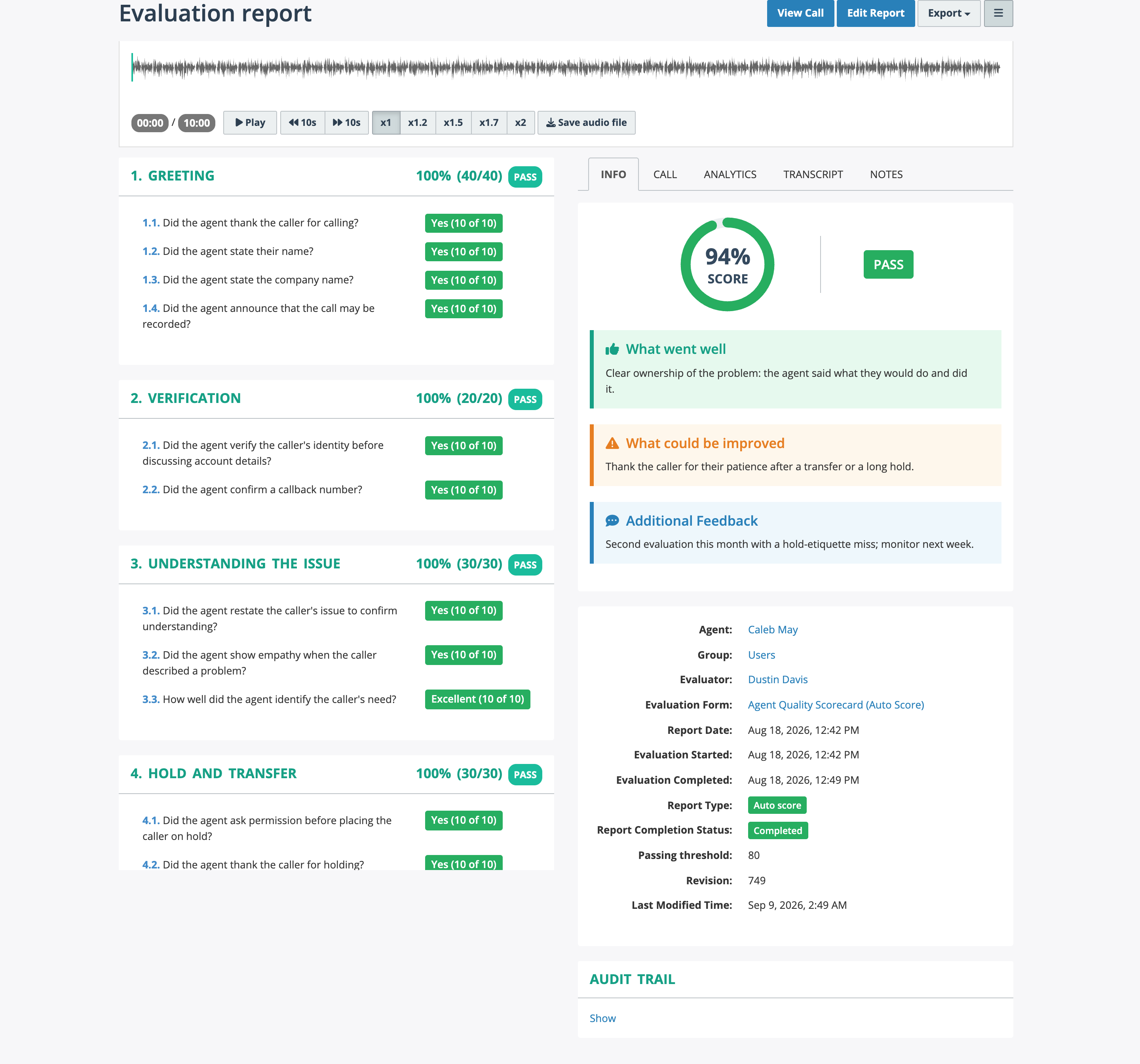 The redesigned evaluation report page