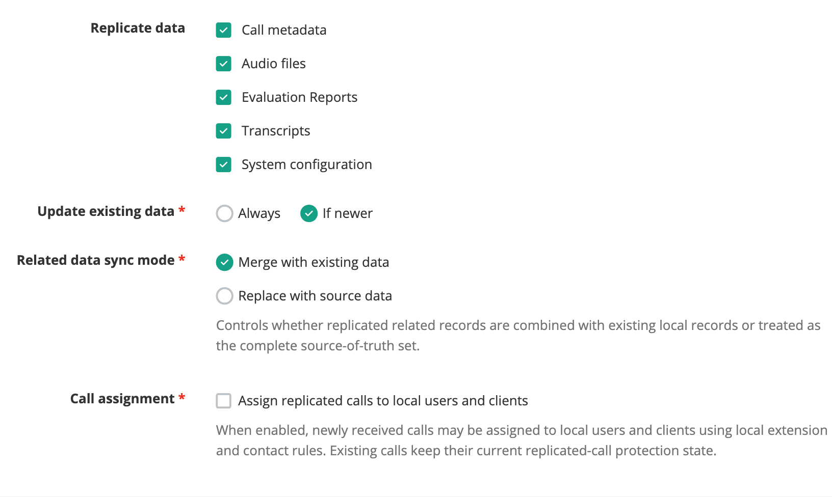 The data options of an incoming replication token