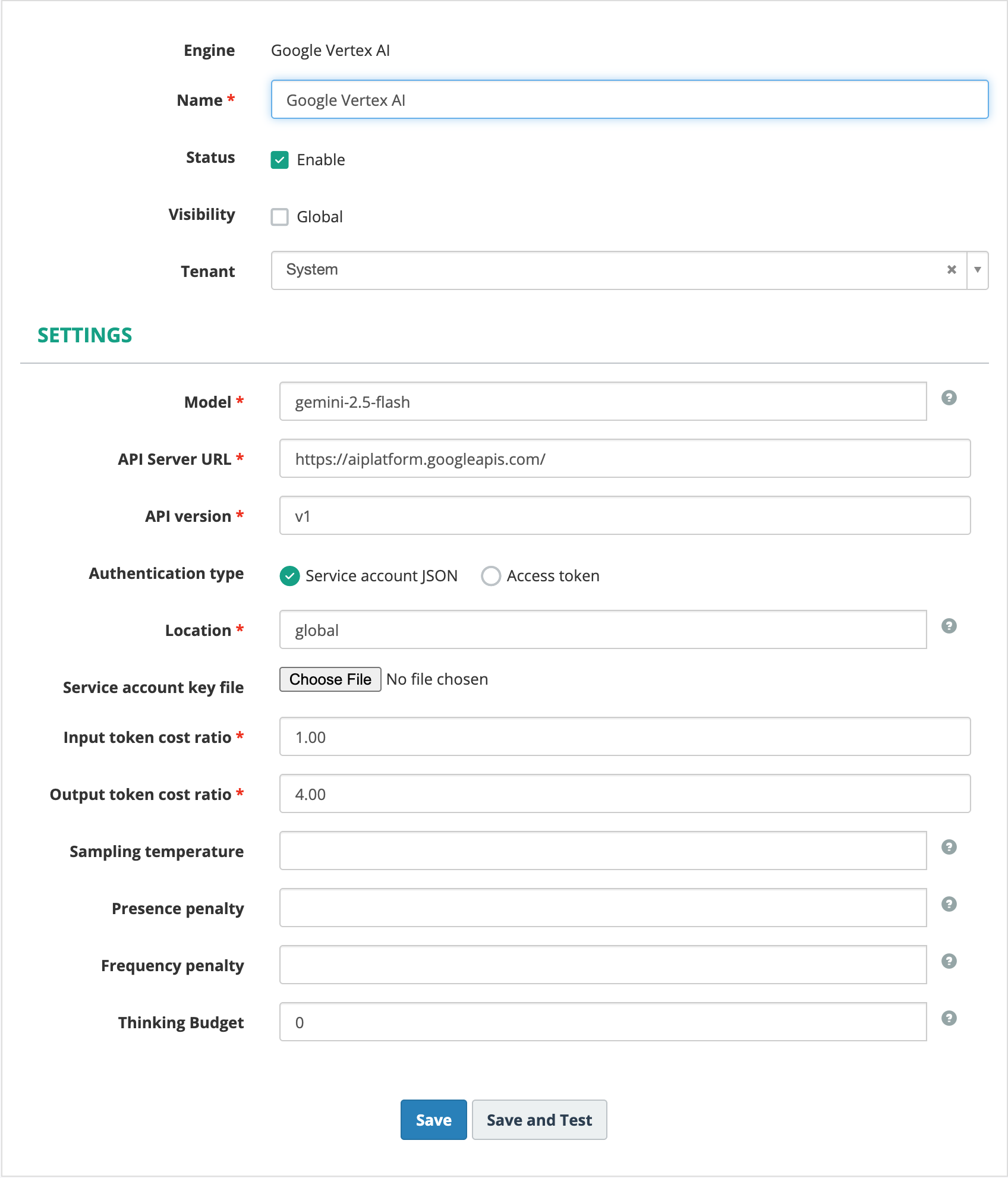 The Google Vertex AI engine form