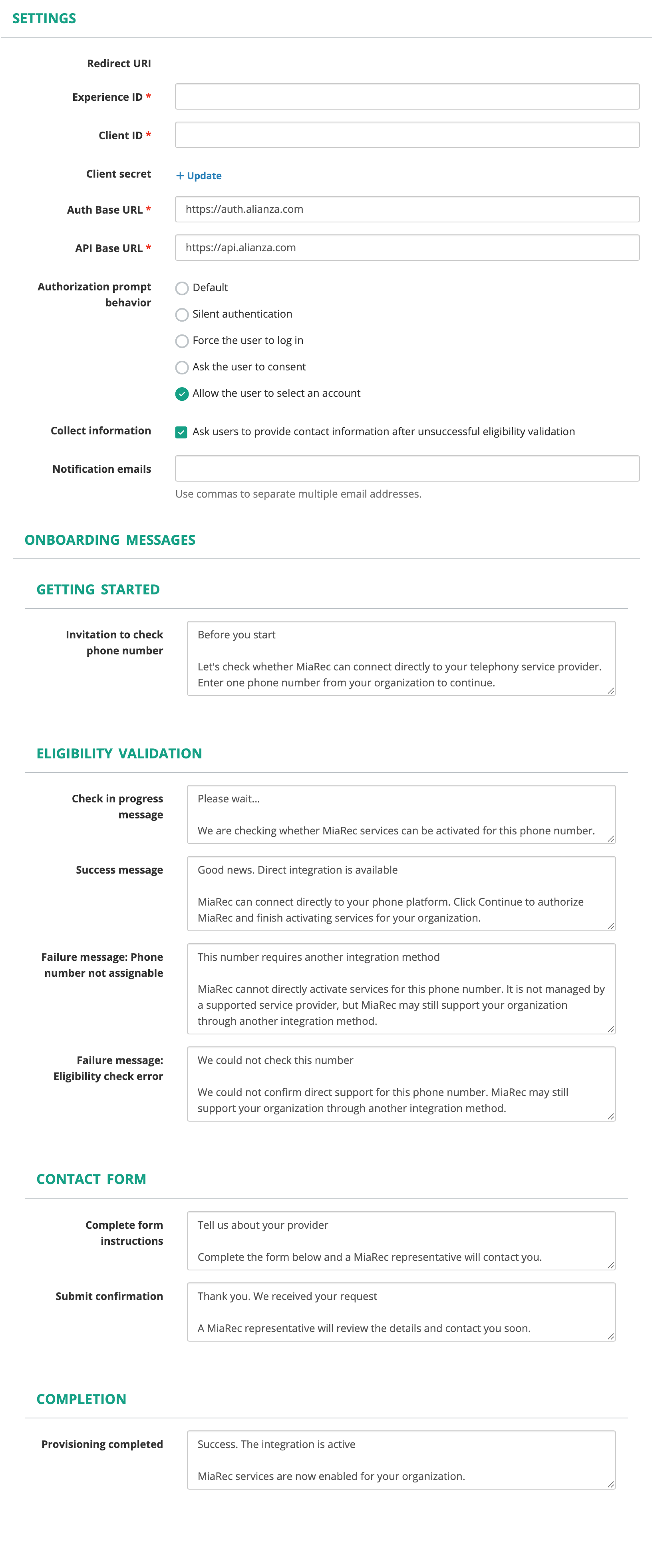 Alianza integration settings