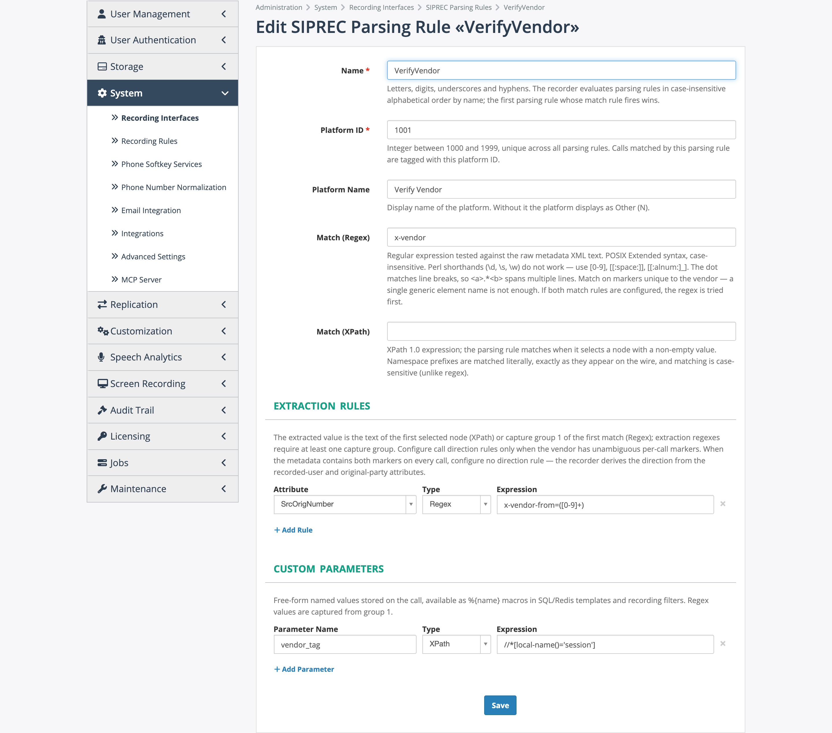 SIPREC parsing rule form