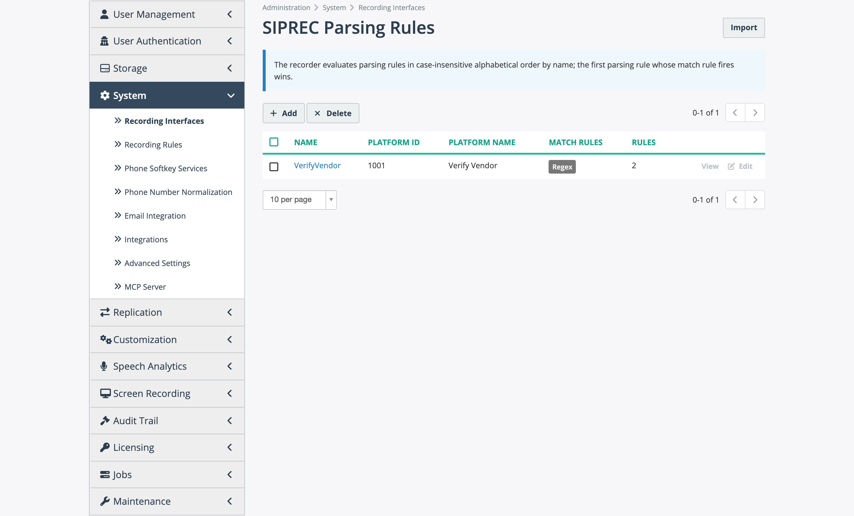 SIPREC parsing rules list