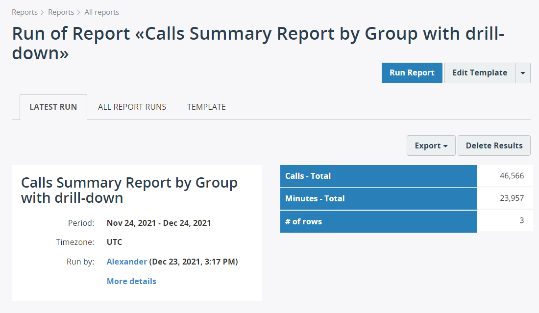 Calls Summary Report By Group With Drill-Down