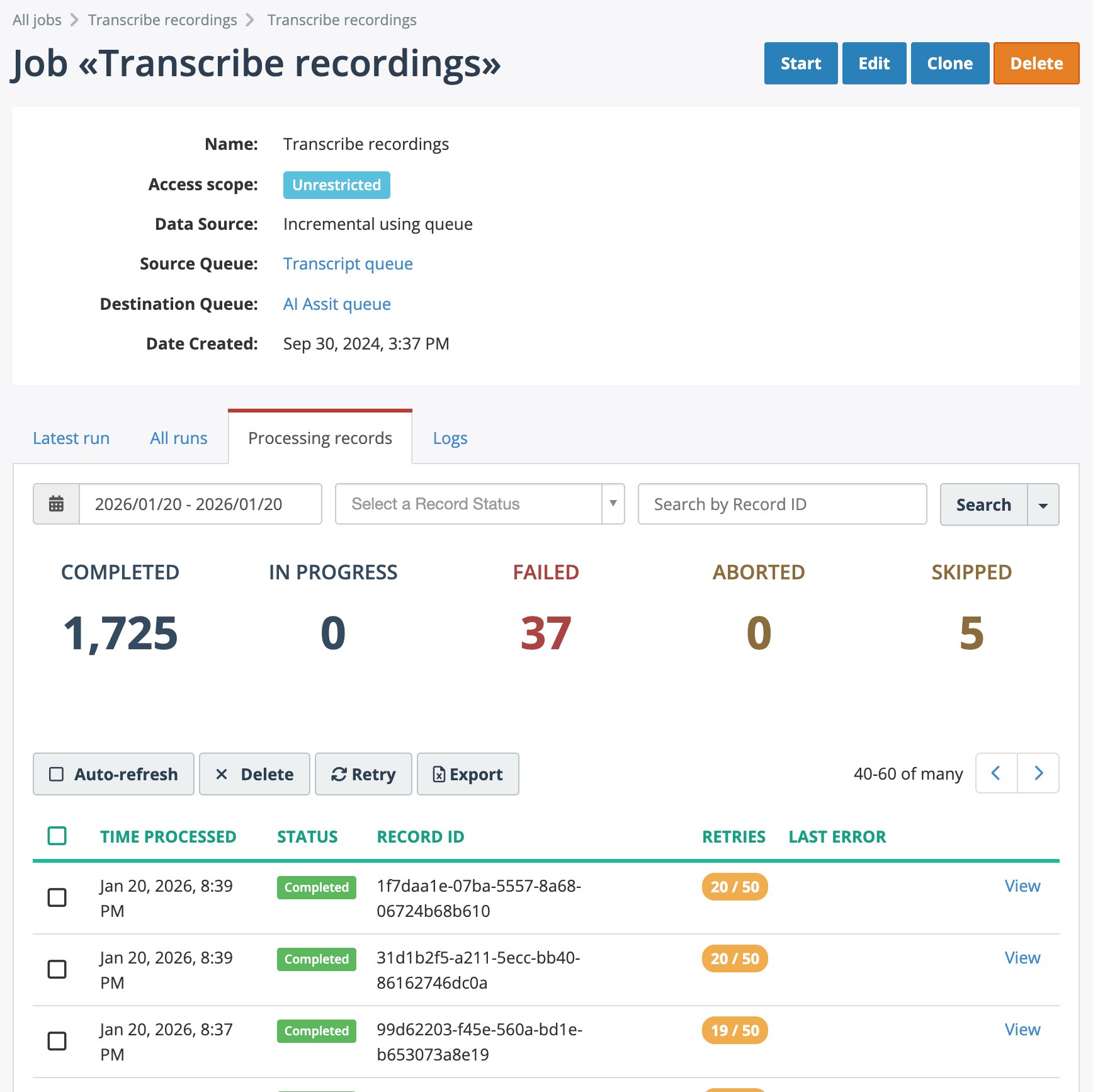 Transcription Job Processed Records