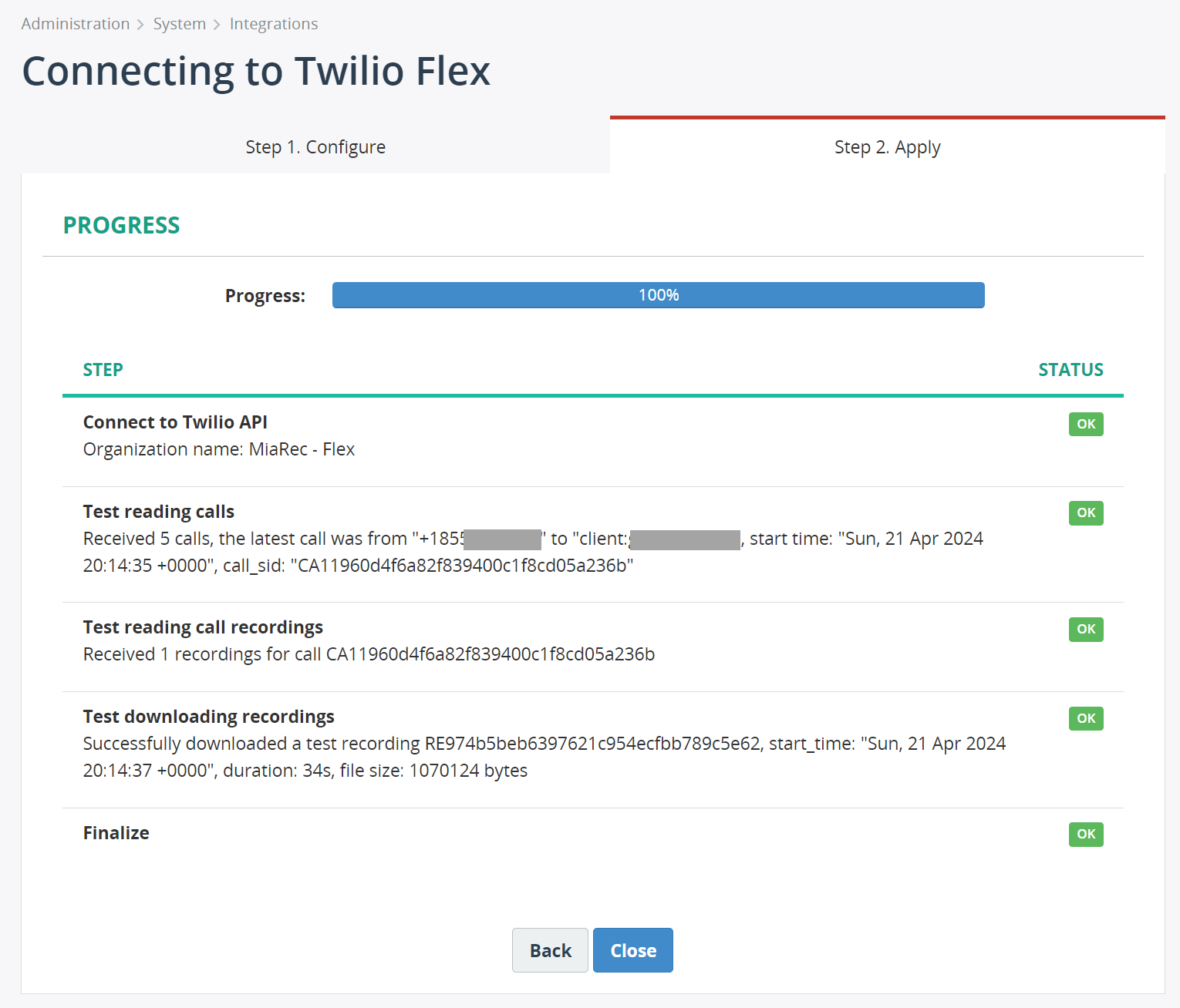 MiaRec integration with Twilio Flex - progress