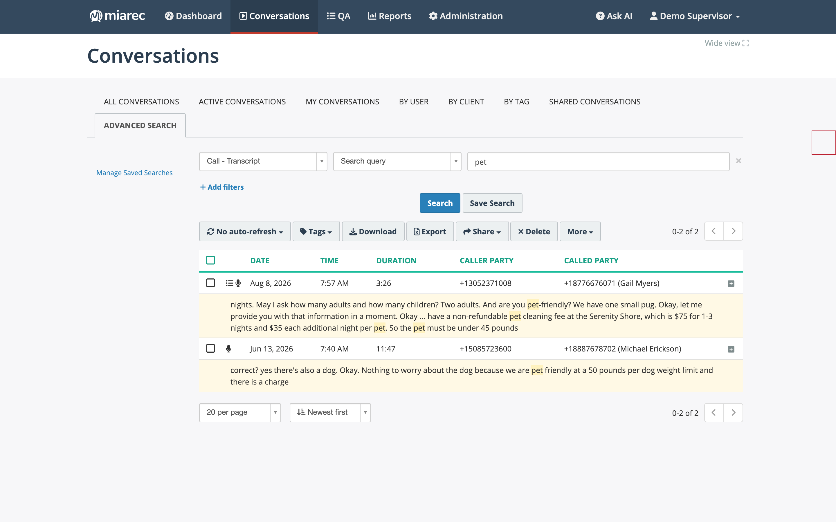 Transcript search with snippets