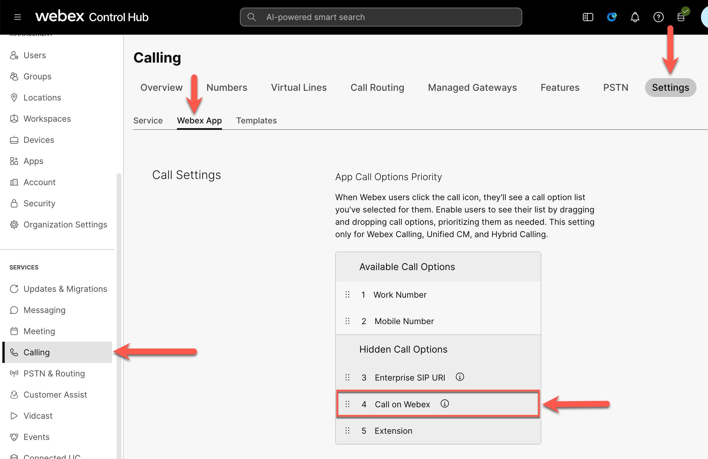 Webex Control Hub - Calling - Call Settings