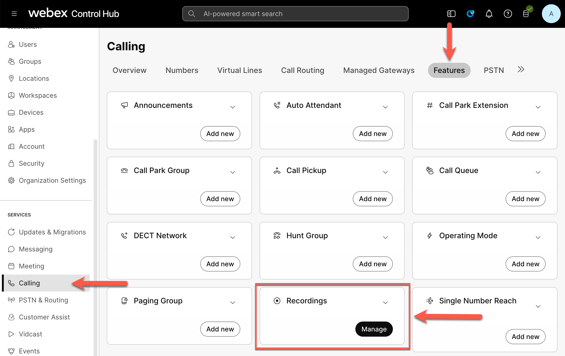 Webex Control Hub - Calling - Features - Recordings