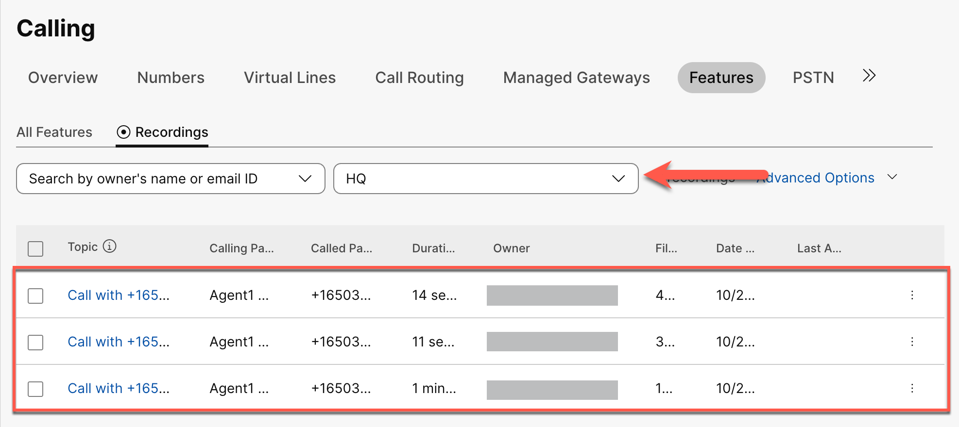Webex Control Hub - Calling - Features - Recordings - List