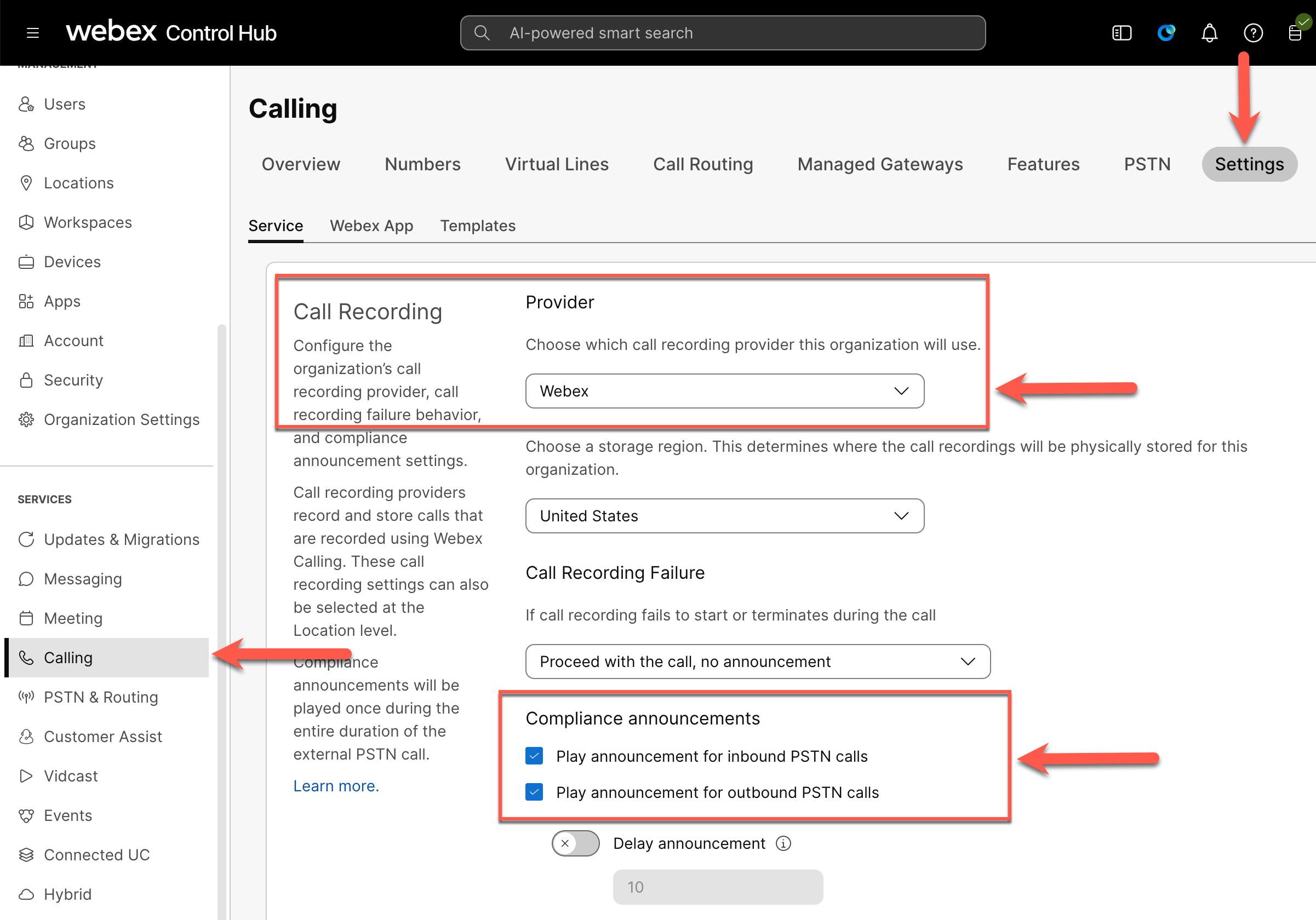 Webex Control Hub - Calling - Settings - Call Recording