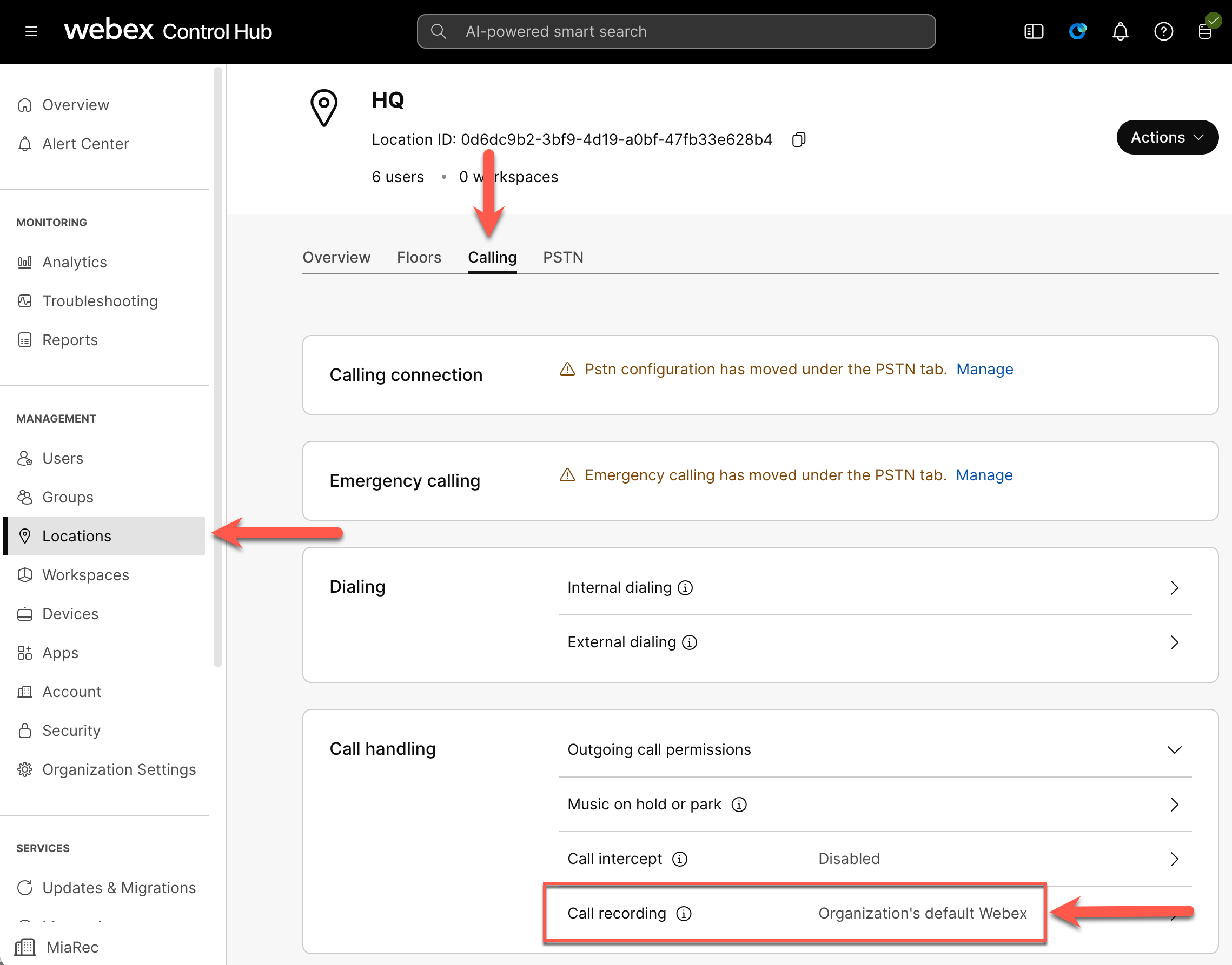 Webex Control Hub - Locations - Call Recording