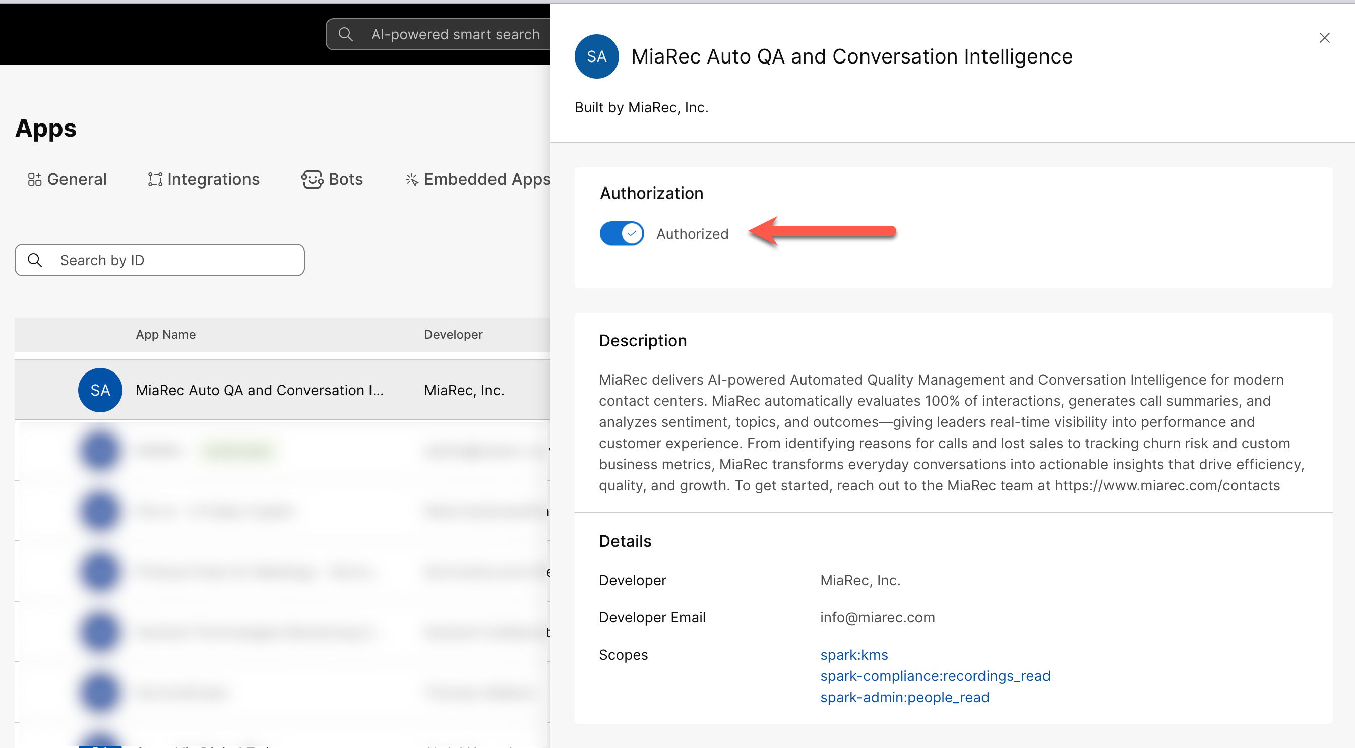 Webex Control Hub - Deauthorize MiaRec Application
