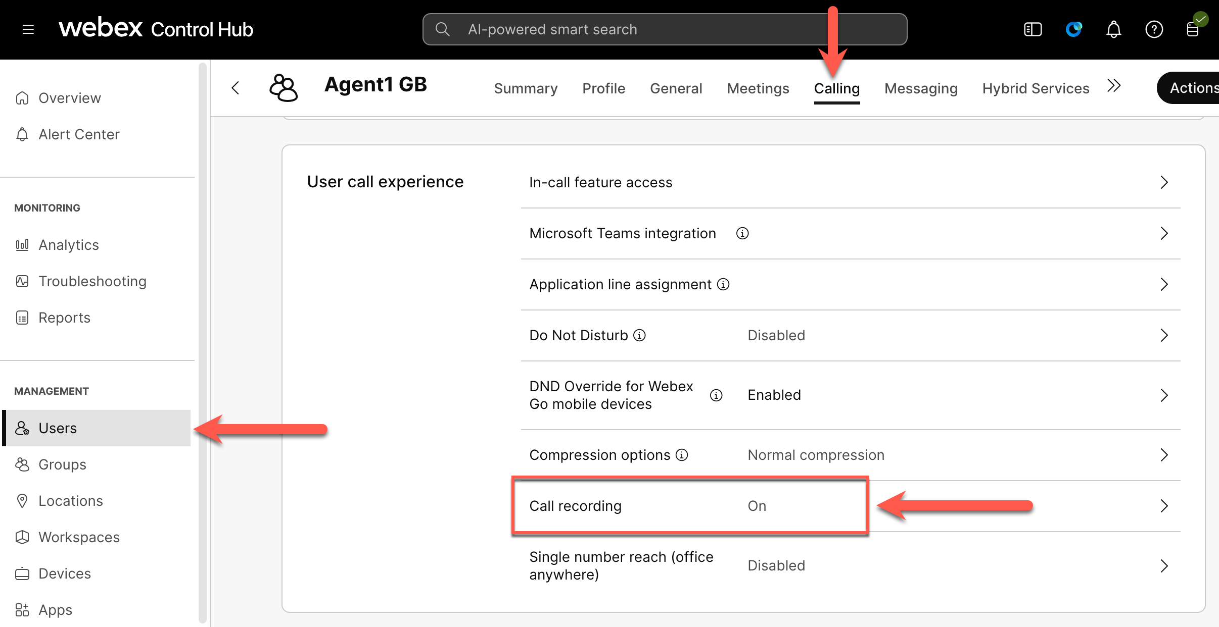 Webex Control Hub - Users - Calling - Call Recording