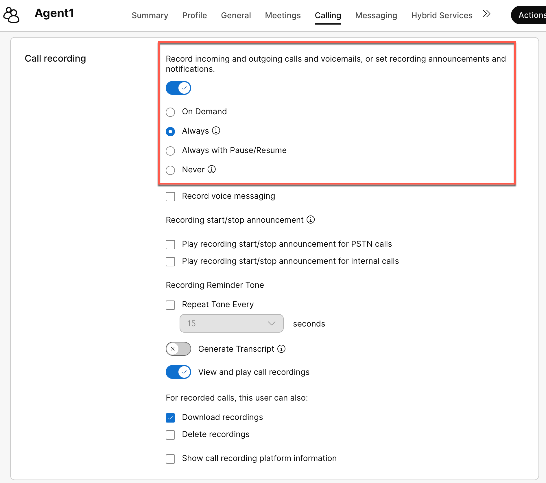 Webex Control Hub - Users - Calling - Call Recording - Edit
