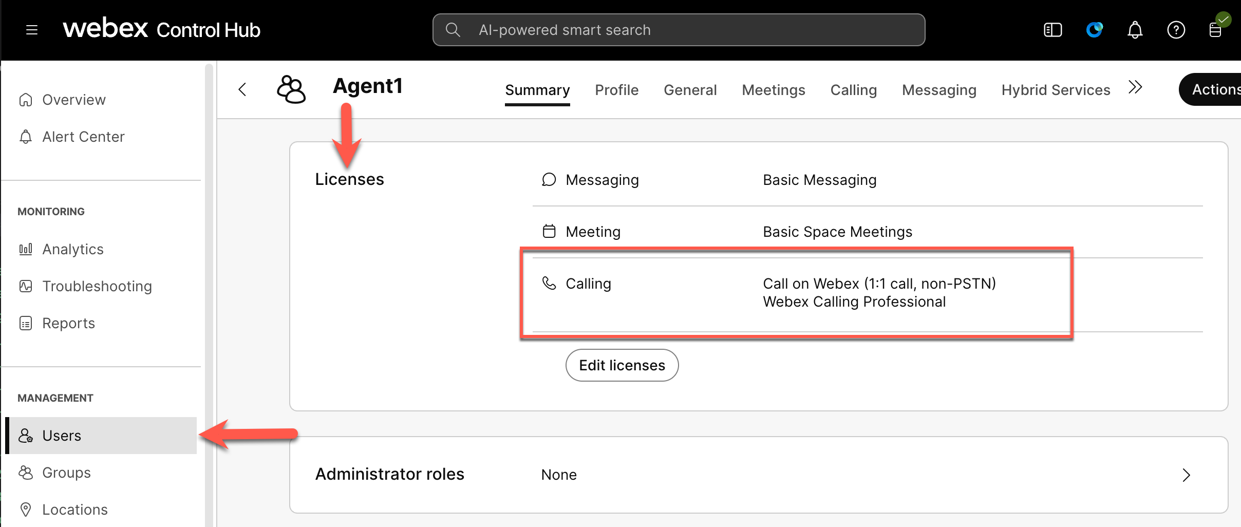 Webex Control Hub - Users - Licenses